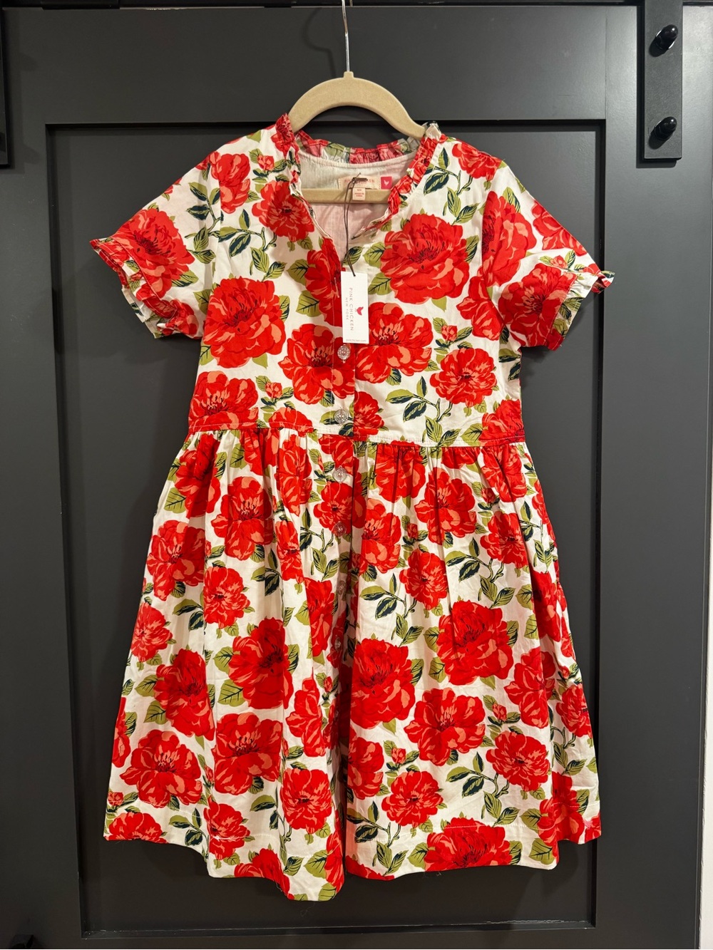 Pink Chicken Red Floral Cotton Dress for Kids
